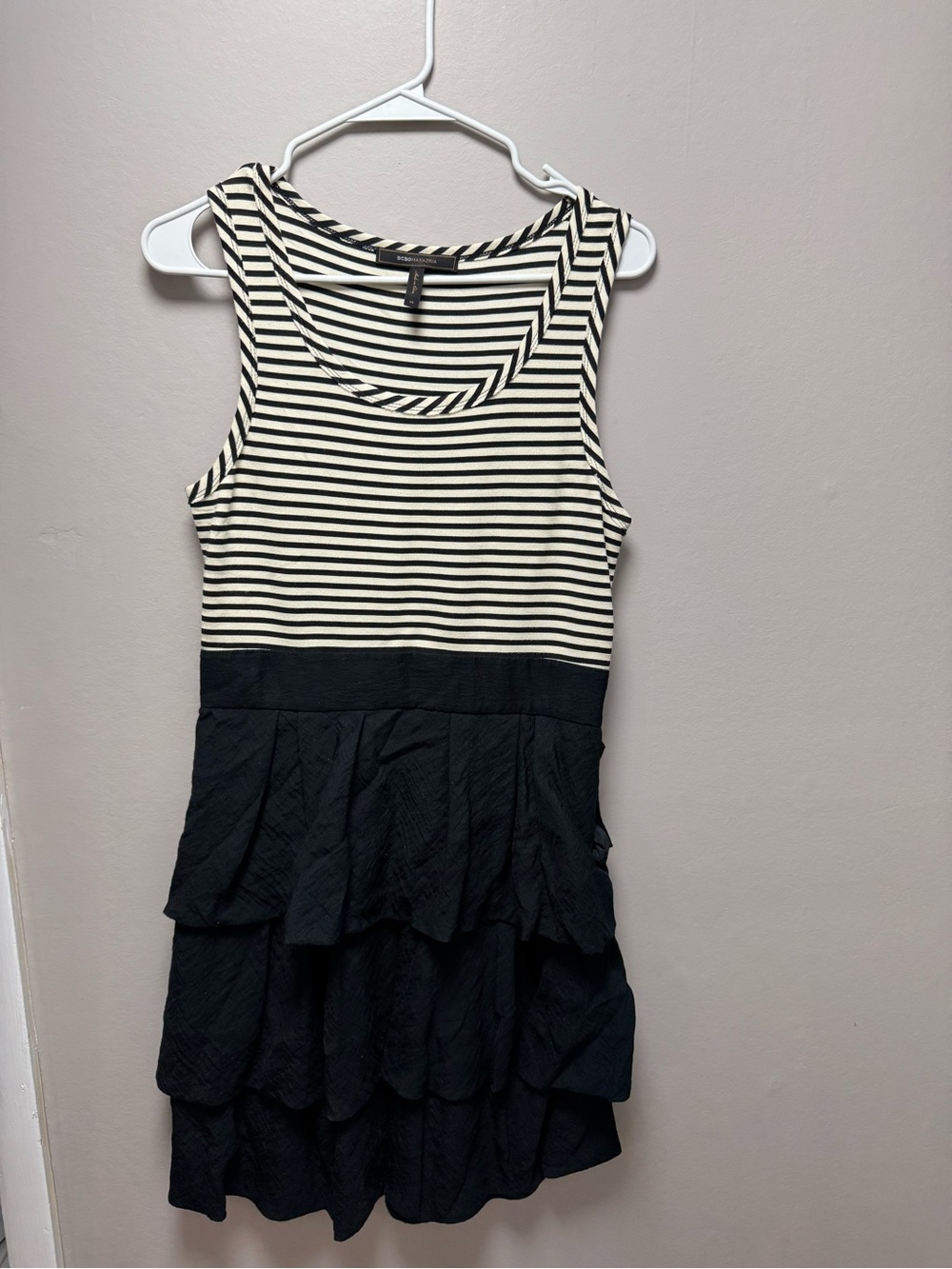 BCBGMaxAzria Black and Cream Striped Tiered Dress